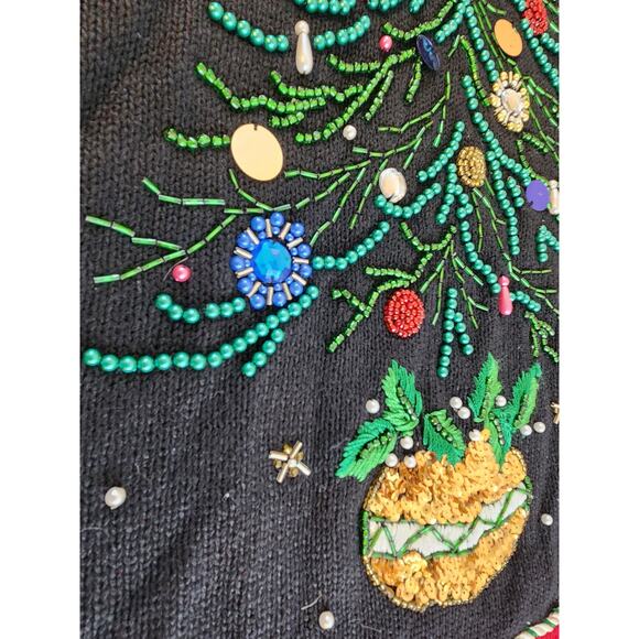 B P Designs sz Large Holiday sweater Christmas tree bling tunic knit black red - Picture 7 of 14